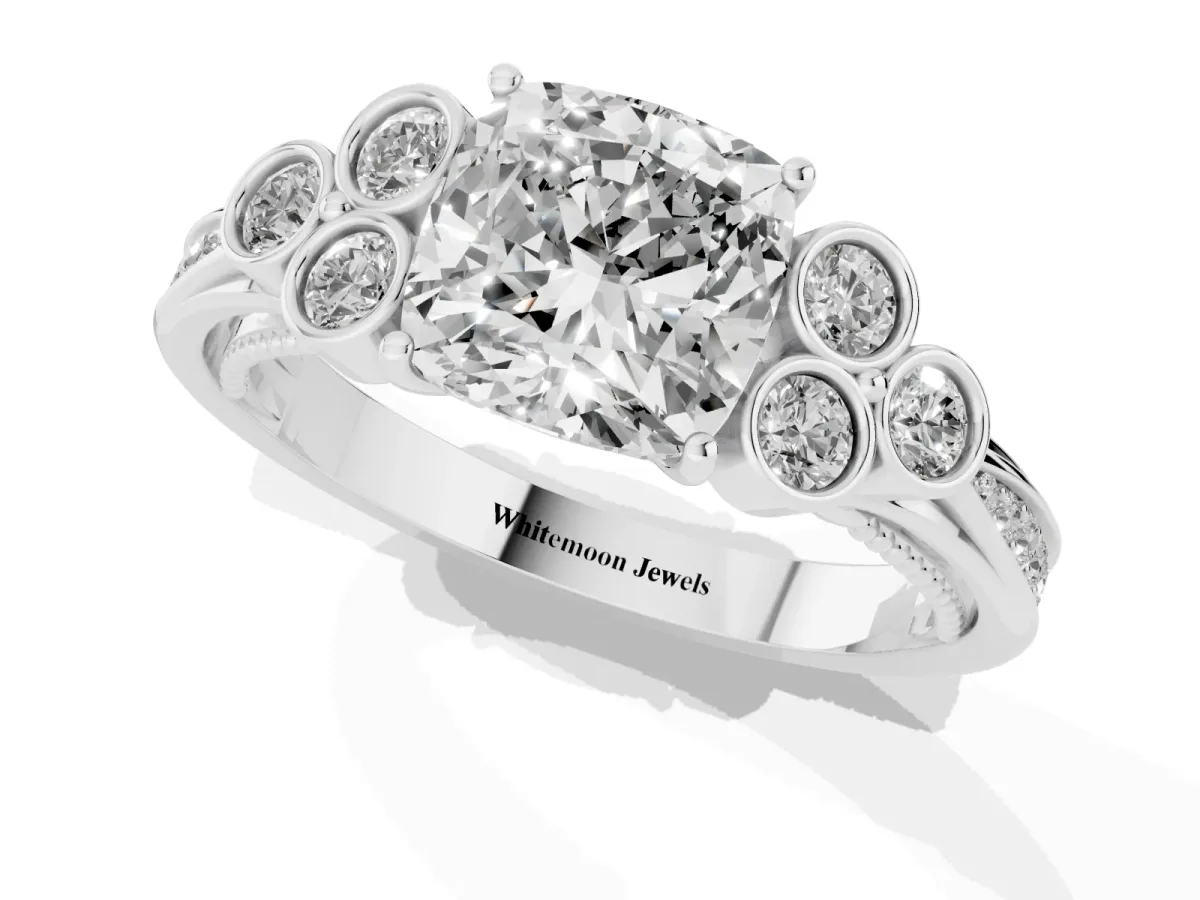 Cushion Cut Cut Diamond Engagement Ring with Bezel Set Round Side Stones and Prong Setting Platinum