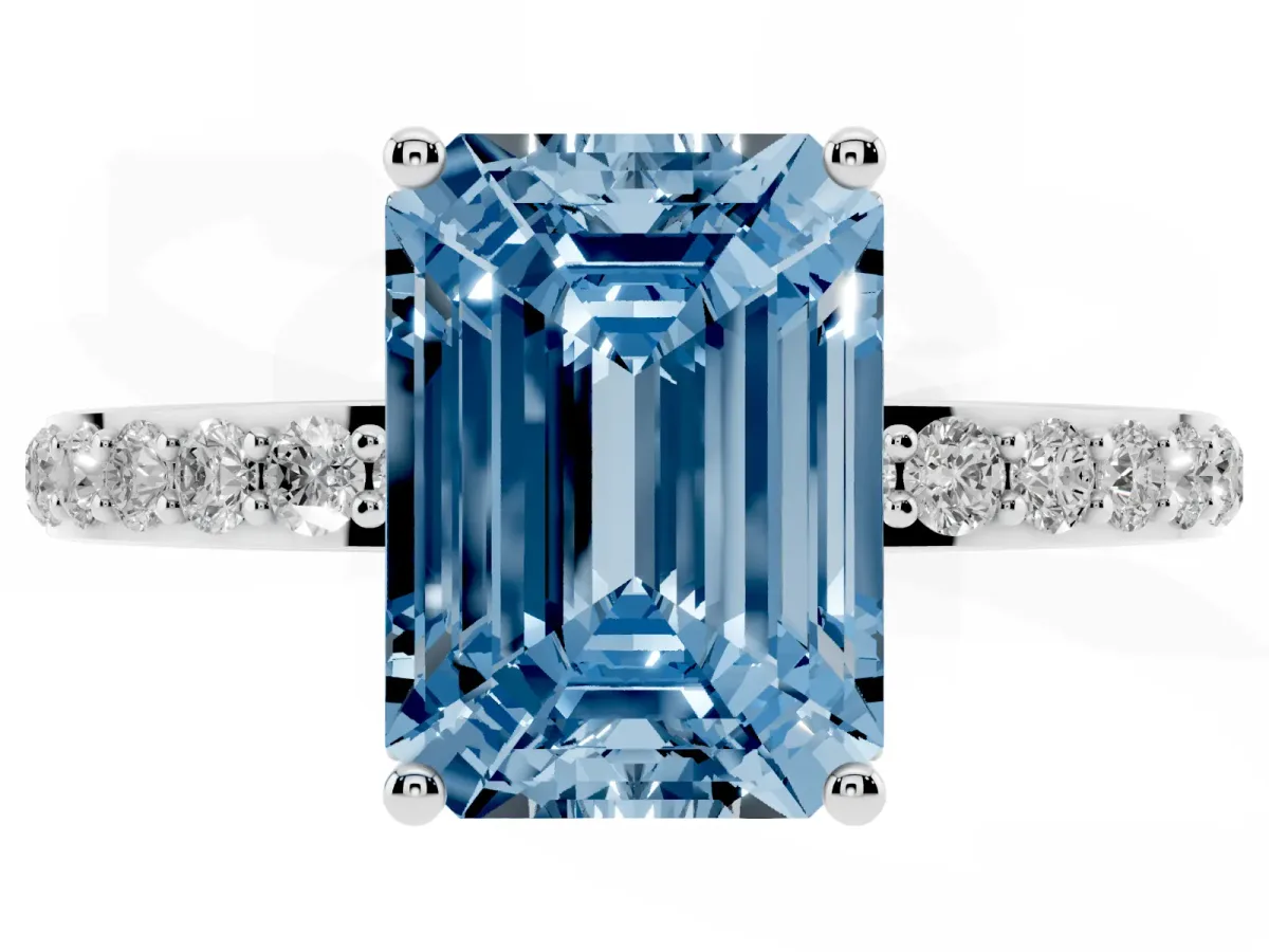 Fancy Blue Emerald Cut Diamond Solitaire Ring with Pavé Band and Hidden Halo White gold