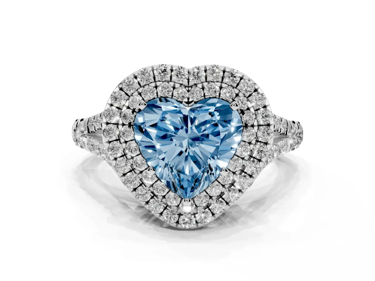 Fancy Blue Double Halo Heart Cut Diamond Split Shank Engagement Ring with Four-Prong Setting Silver