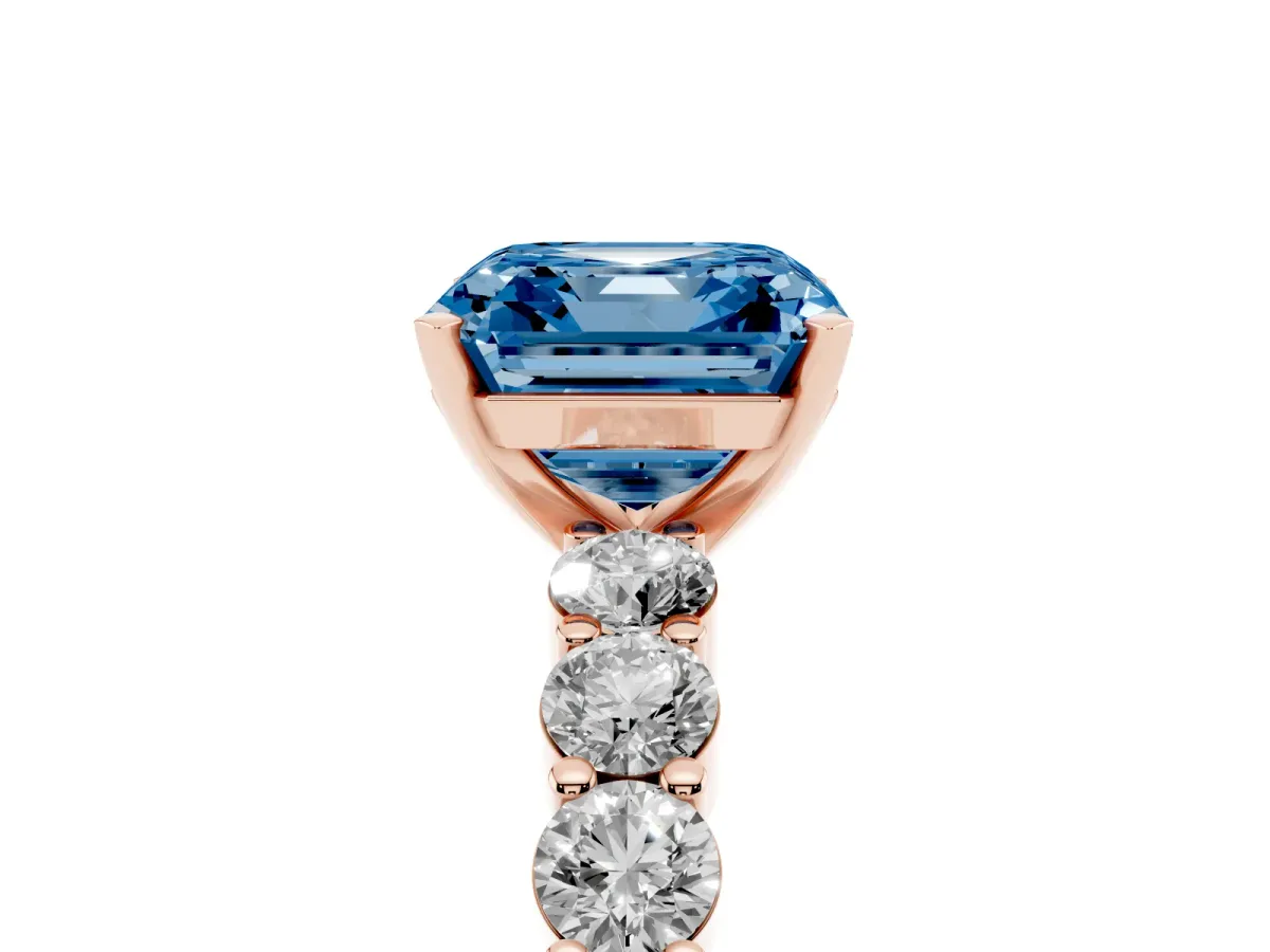 Fancy Blue Asscher Cut Diamond Solitaire Ring with Shared Prong Round Side Stones Rose gold