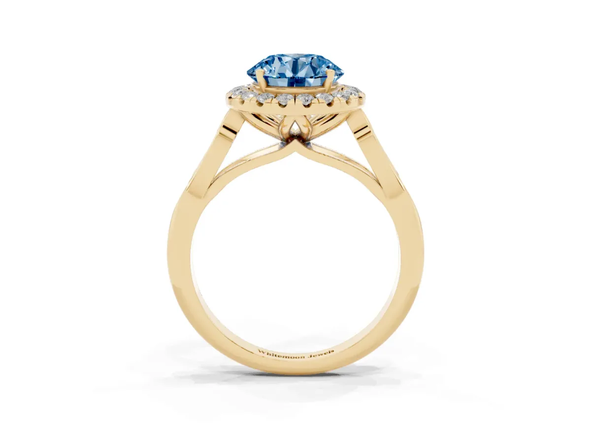 Fancy Blue Round Cut Halo Diamond Engagement Ring with Filigree Band and Four-Prong Setting Yellow gold