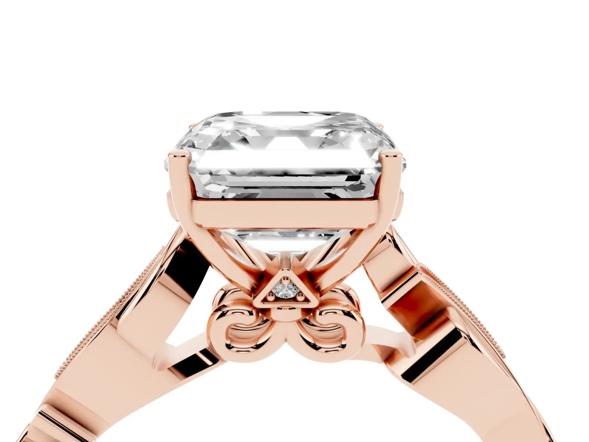 Asscher Cut Solitaire Vine Band with Milgrain Prong Setting Rose gold