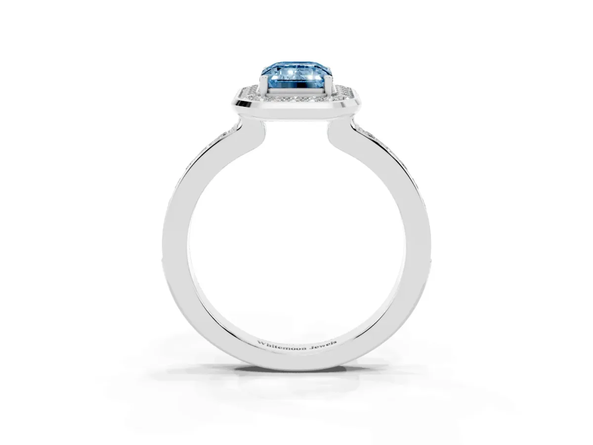 Fancy Blue Emerald Cut Diamond Halo Ring with Bezel Frame and Pavé Band Silver