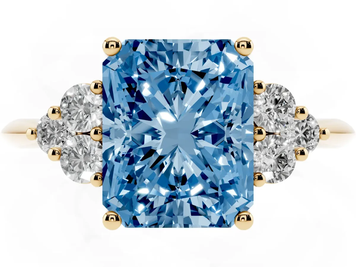 Fancy Blue Radiant Cut Cut Diamond Cluster Ring with Solitaire Band and Four-Prong Setting Yellow gold