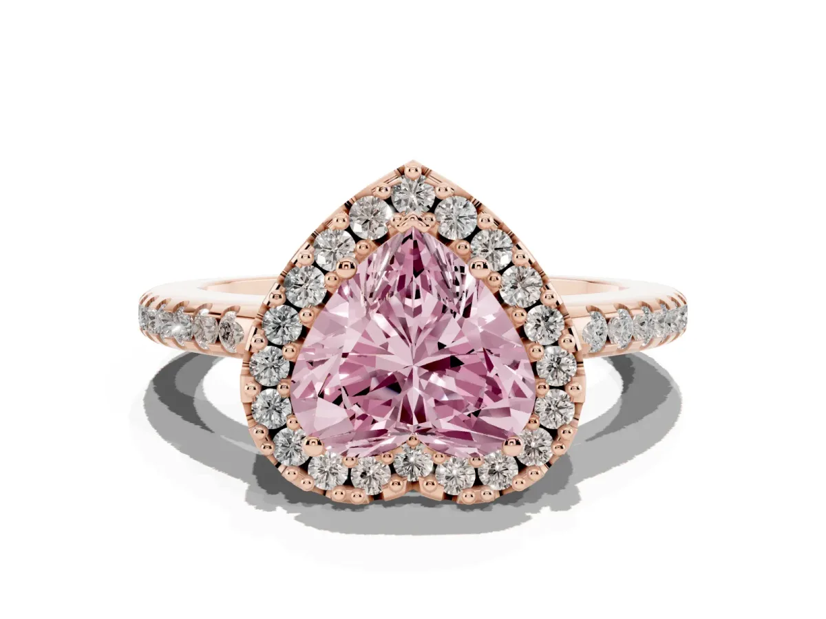 Fancy Pink Heart Cut Diamond Pavé Halo Ring with Four-Prong Setting Rose gold