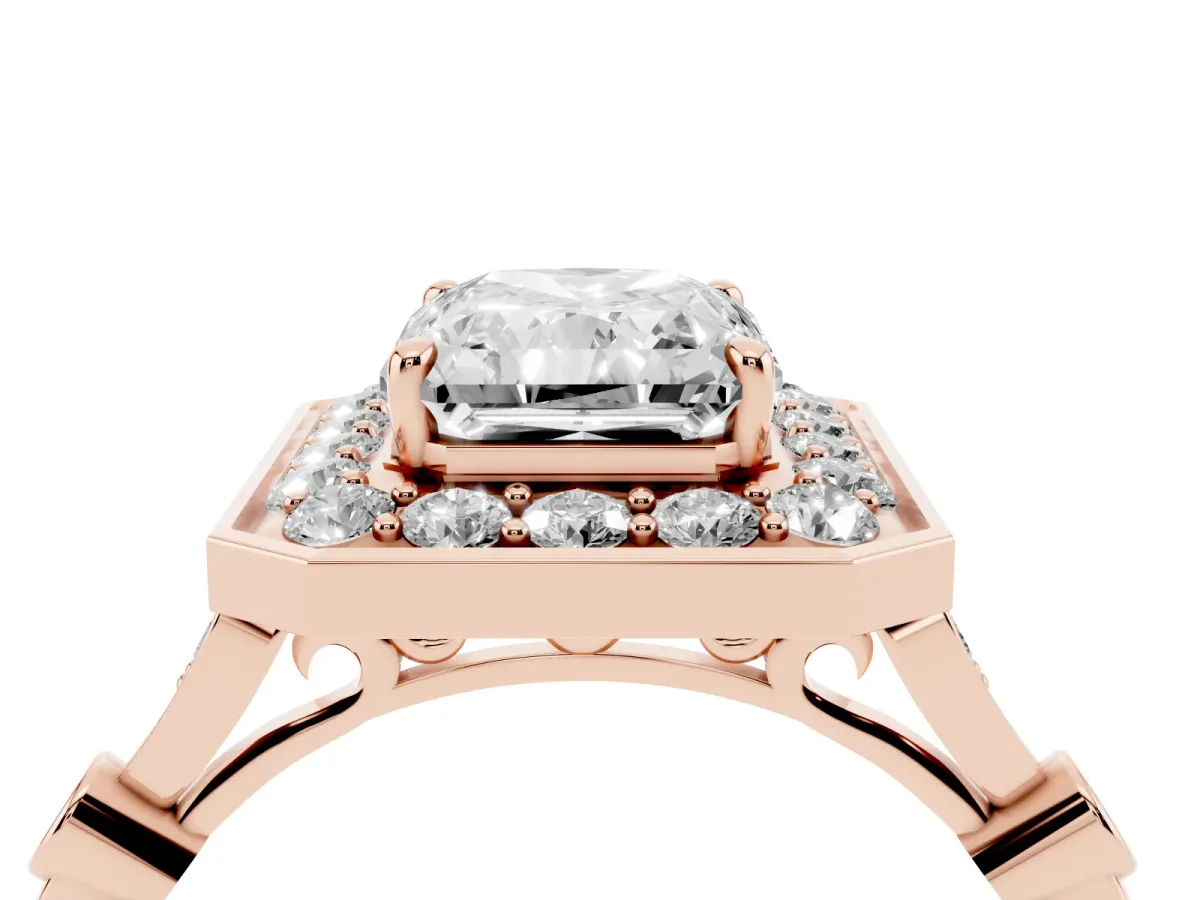 Radiant Cut Halo Diamond Engagement Ring with Twisted Band and Four-Prong Setting Rose gold
