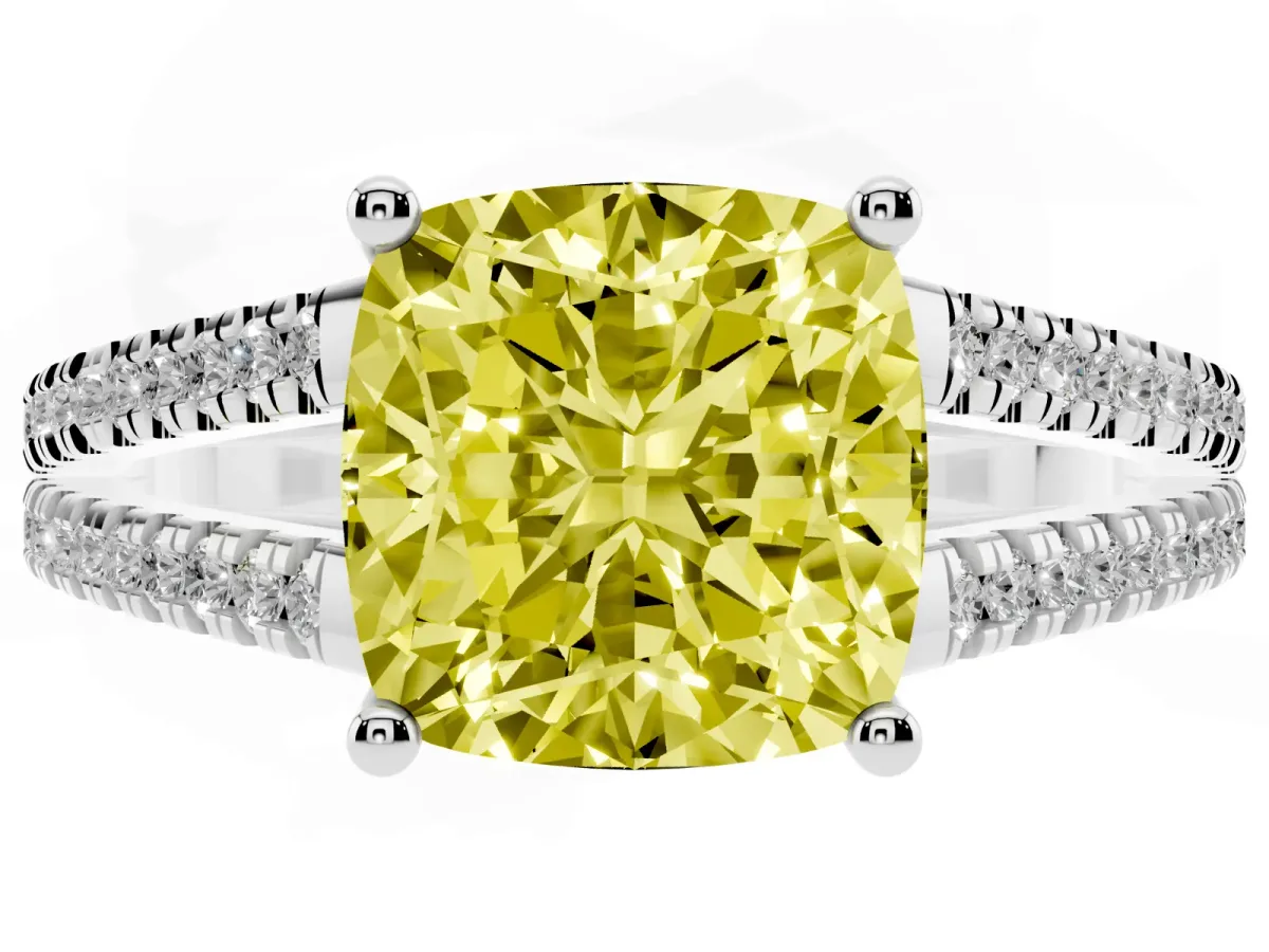 Fancy Yellow Cushion Cut Diamond Solitaire Engagement Ring with Split Shank Pavé Band Silver
