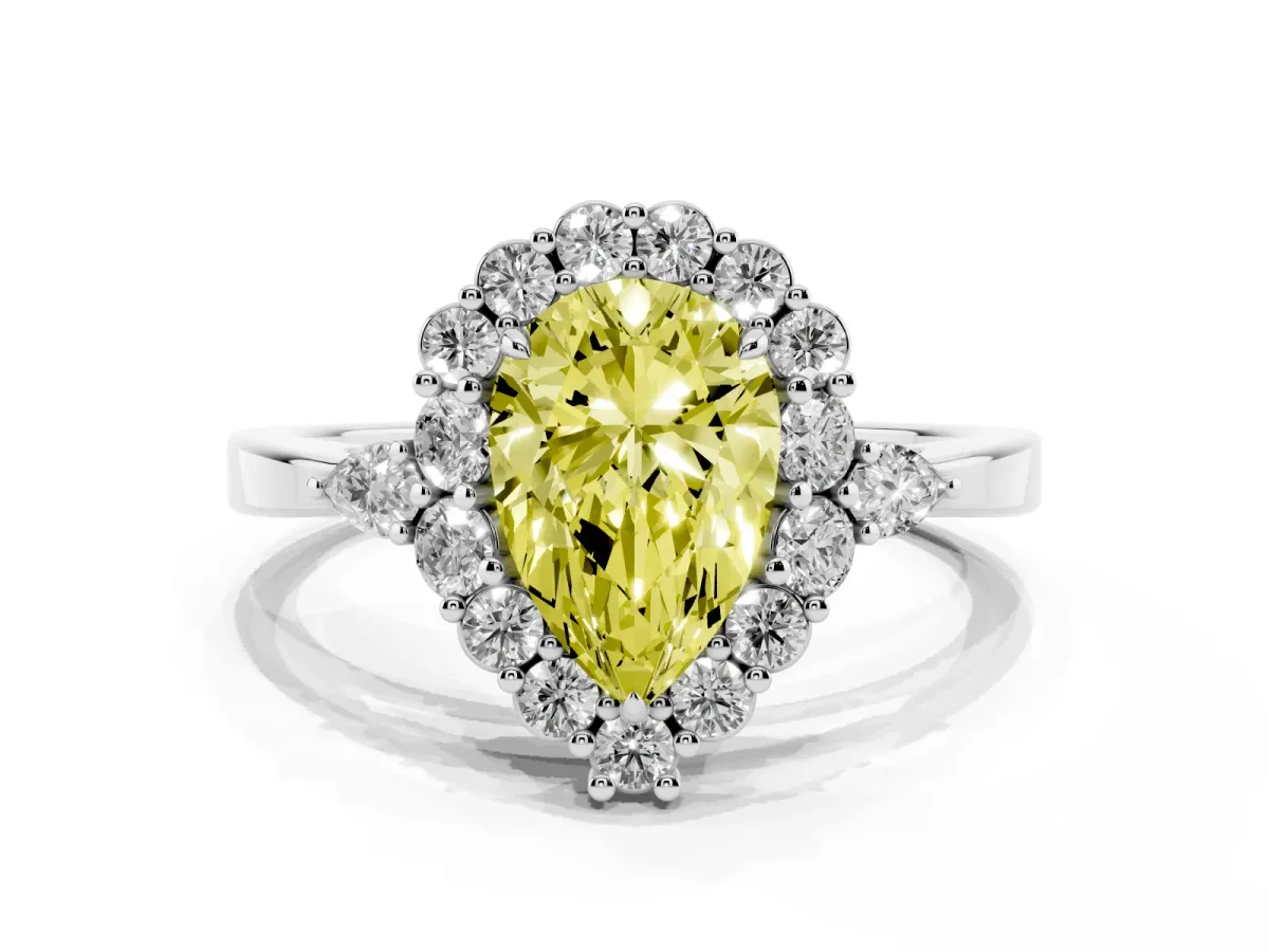 Fancy Yellow Pear Cut Diamond Halo Ring with Pear Side Stones and Prong Setting Silver