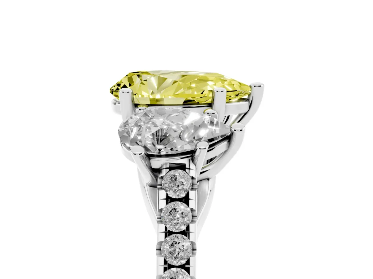Fancy Yellow Three-Stone Pear Cut Diamond Ring with Round Pavé Band and Prong Setting Silver