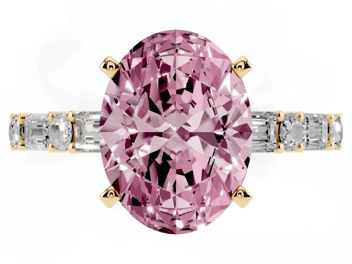 Fancy Pink Oval Cut Diamond Solitaire with Side Baguettes and Channel Set Band Yellow gold