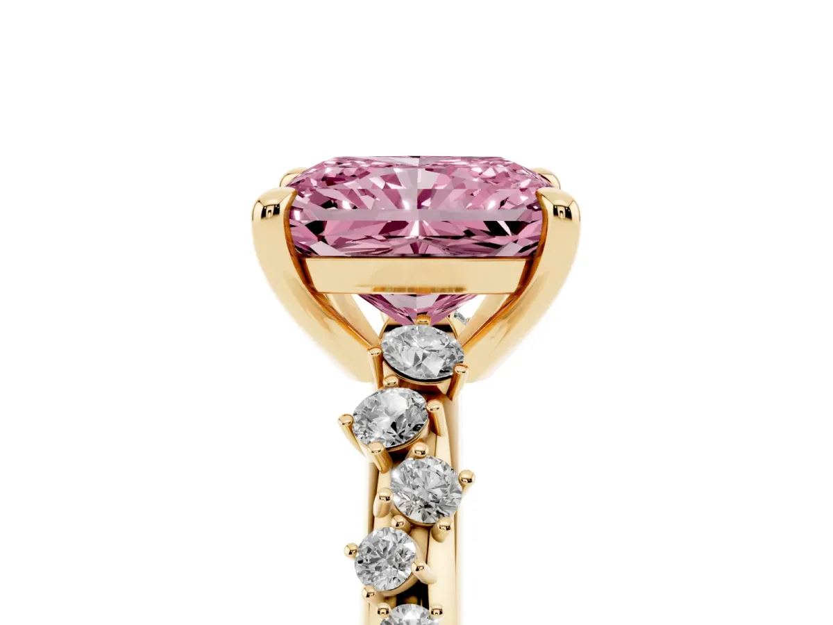 Fancy Pink Radiant Cut Cut Diamond Vine Band with Four-Prong Setting Yellow gold