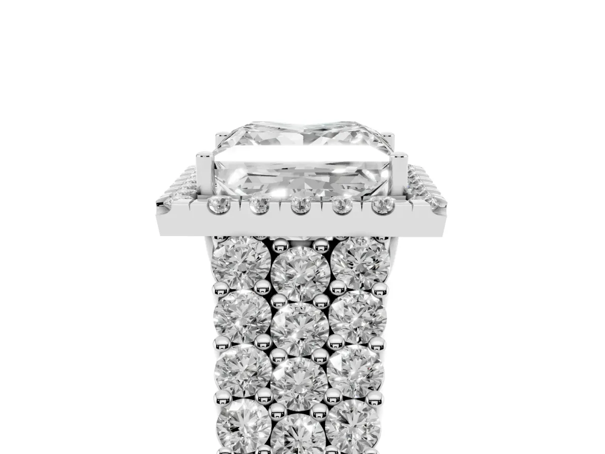 Princess Cut Diamond Halo Engagement Ring with Triple Row Round Pavé Band and Prong Setting White gold