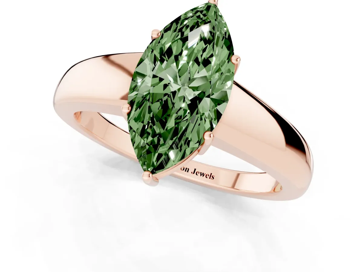 Fancy Green Marquise Cut Solitaire Diamond Ring with Tapered Band and Four-Prong Setting Rose gold
