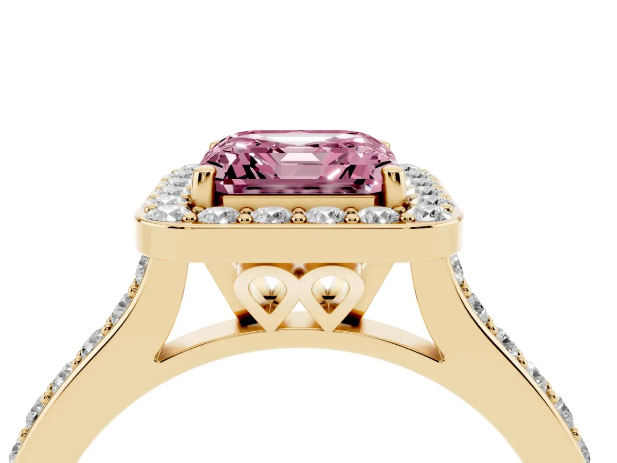 Fancy Pink Asscher Cut Diamond Halo Engagement Ring with Round Pavé Shoulders and Prong Setting Yellow gold