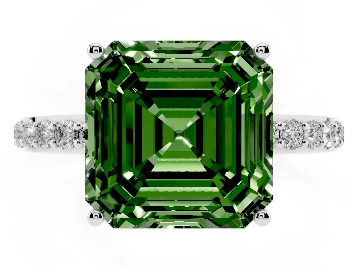 Fancy Green Asscher Cut Diamond Solitaire Ring with Pavé Band and Hidden Halo White gold