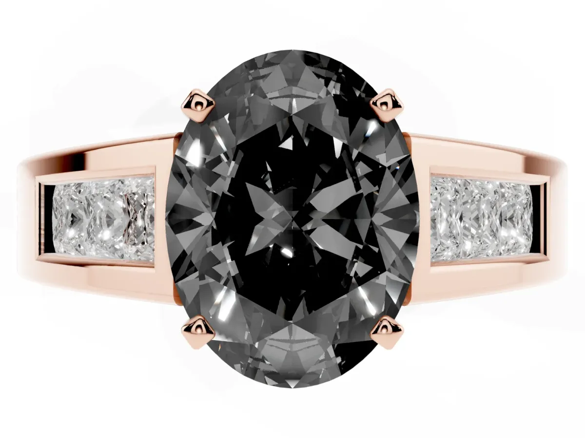 Fancy Black Oval Cut Cut Channel Set Solitaire Ring with Four-Prong Setting Rose gold