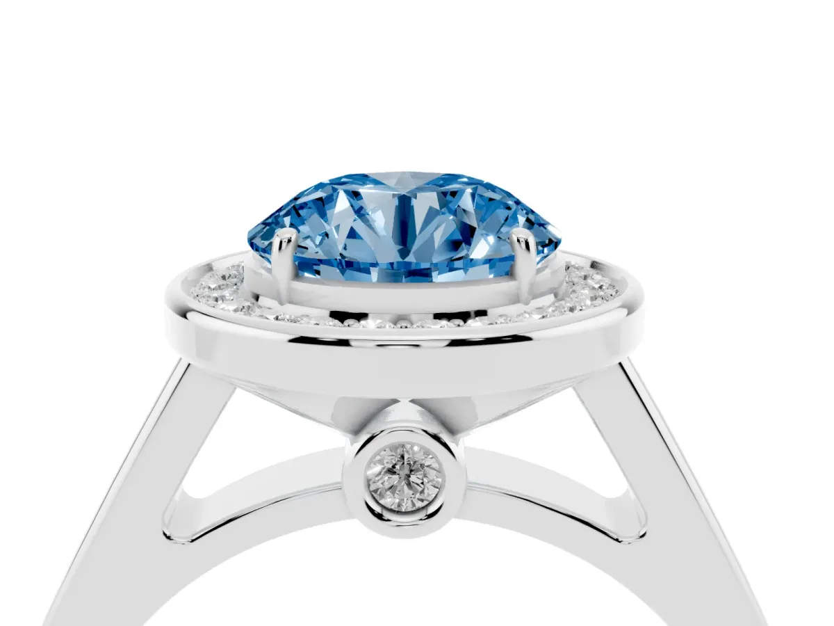 Fancy Blue Round Cut Halo Solitaire Diamond Ring with Pave Band and Bezel Setting Silver