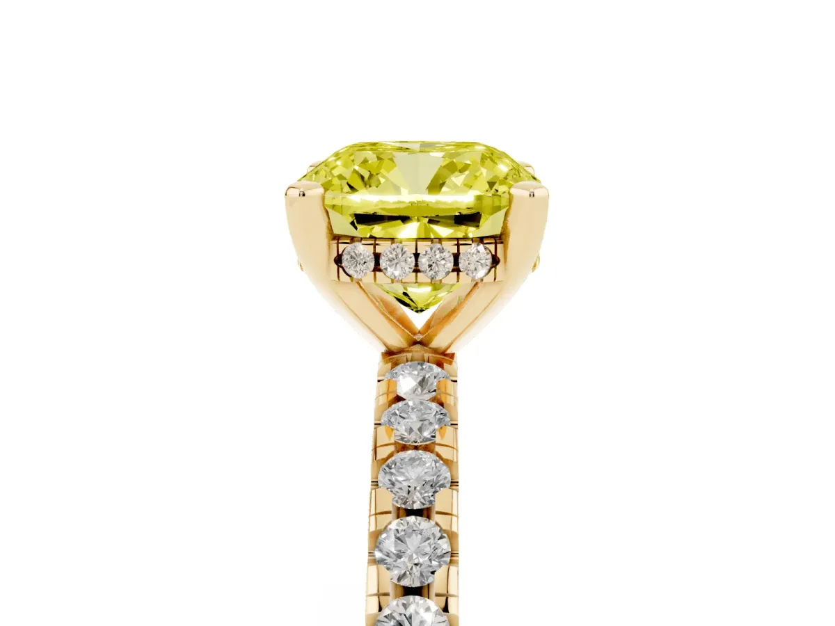 Fancy Yellow Cushion Cut Diamond Solitaire Ring with Round Pavé Band and Four-Prong Setting Yellow gold