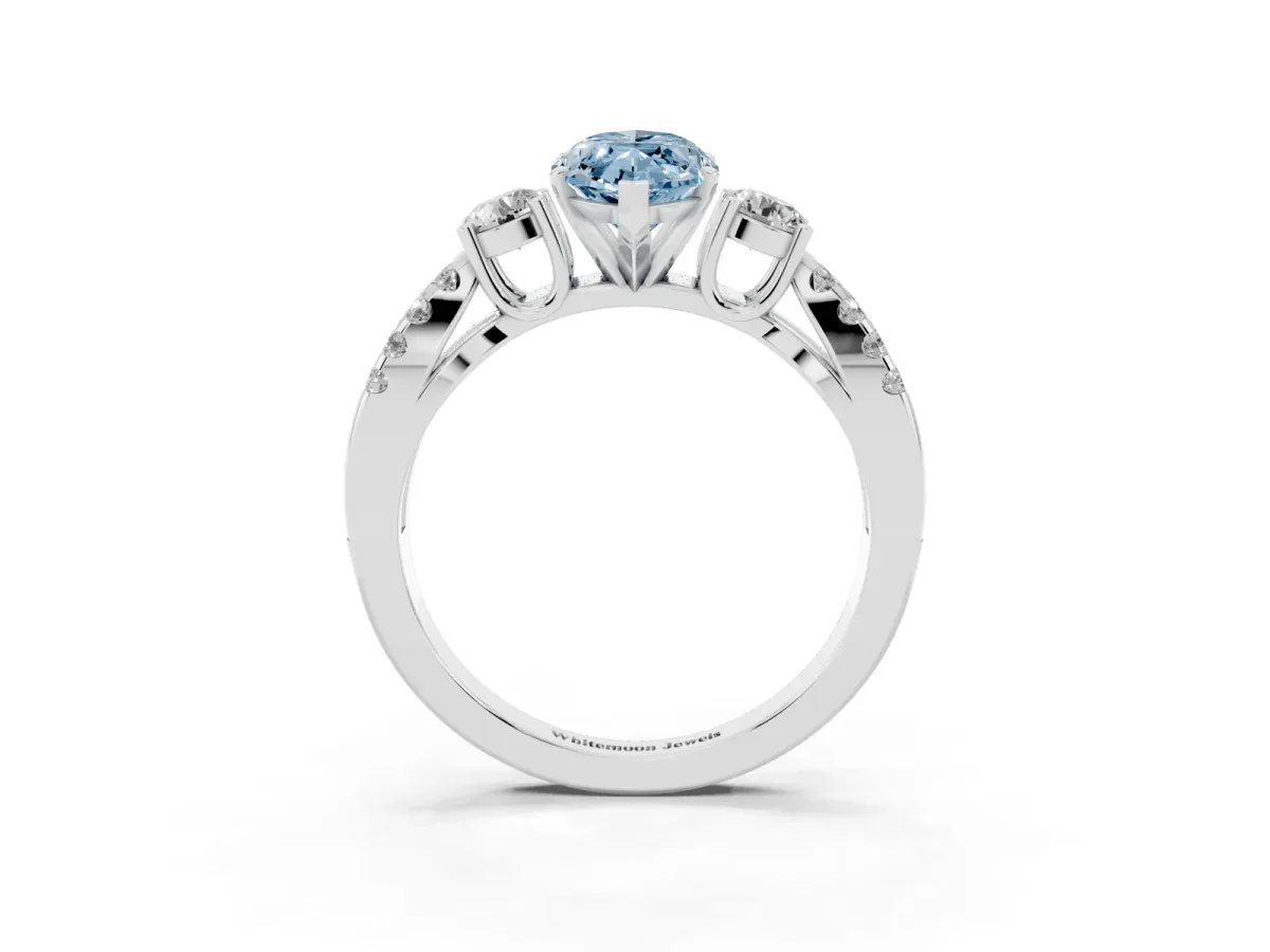 Fancy Blue Marquise Cut Diamond Three-Stone Ring with Pavé Split Shank and Four-Prong Setting White gold