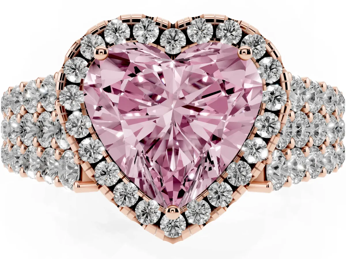 Fancy Pink Heart Cut Diamond Halo Engagement Ring with Triple Row Round Pavé Band and Prong Setting Rose gold