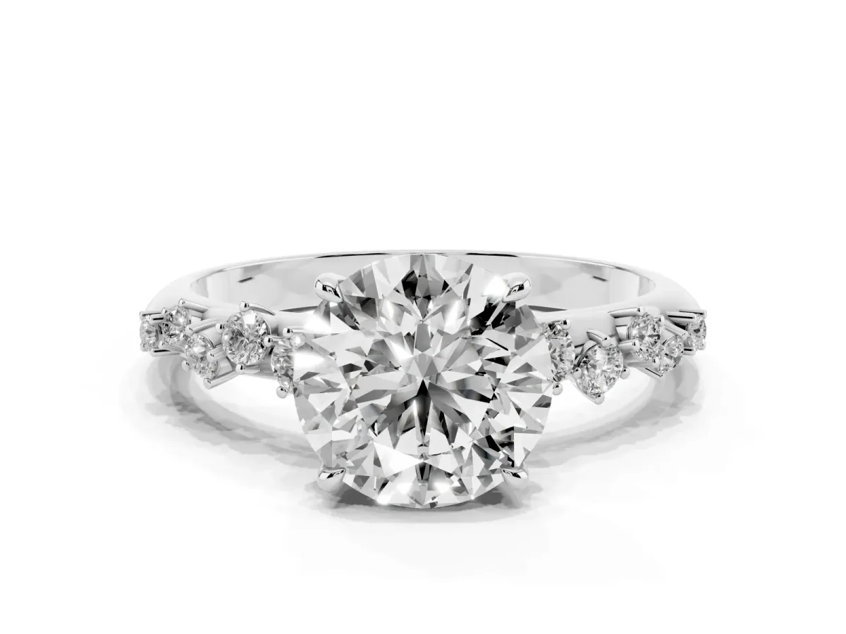 Round Cut Diamond Cluster Side Stone Solitaire Ring with Prong Setting Silver