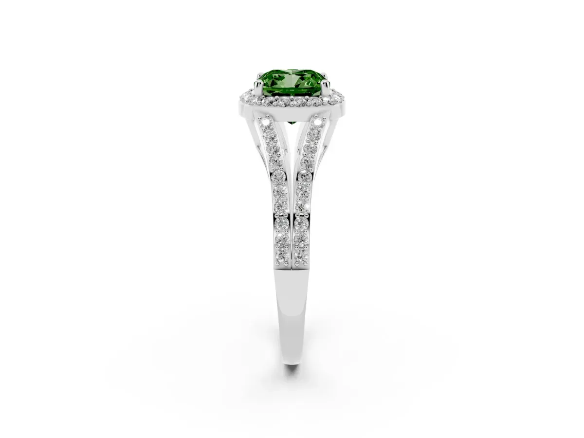 Fancy Green Cushion Cut Halo Split Shank Diamond Ring with Prong Setting Silver