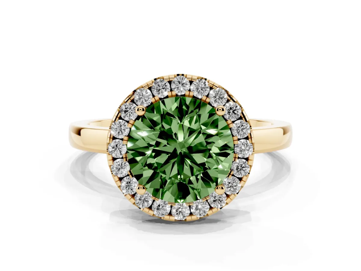Fancy Green Round Cut Halo Diamond Solitaire with Pavé Band and Four-Prong Setting Yellow gold