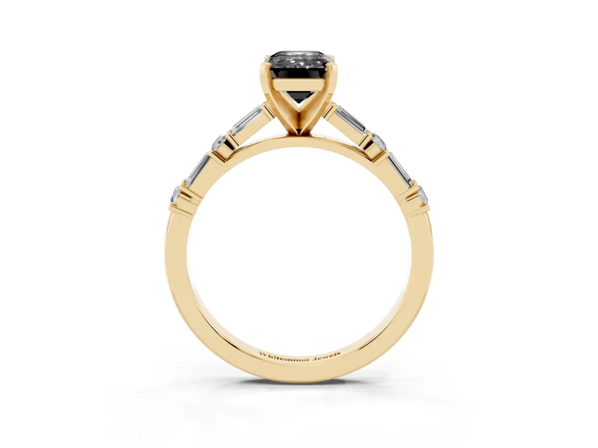 Fancy Black Emerald Cut Diamond Solitaire with Side Baguettes and Channel Set Band Yellow gold