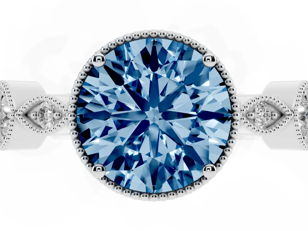 Fancy Blue Round Cut Diamond Vintage Milgrain Ring with Round Stations Silver