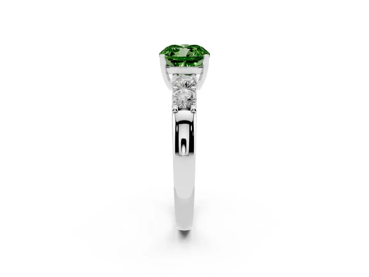 Fancy Green Cushion Cut Brilliant Cut Diamond Five-Stone Prong Set Engagement Ring with Channel Band White gold