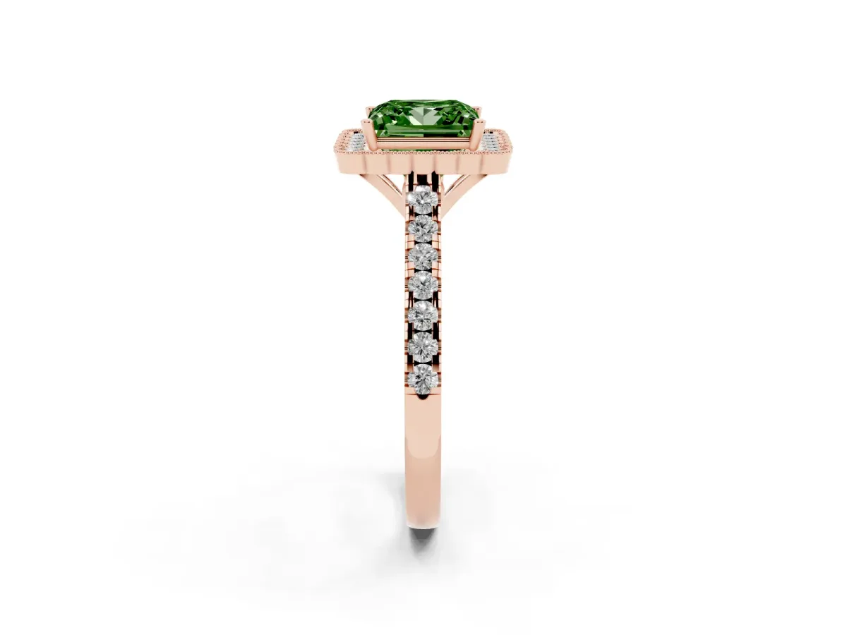 Fancy Green Princess Cut Cut Diamond Milgrain Floral Halo Engagement Ring with Pavé Band Rose gold