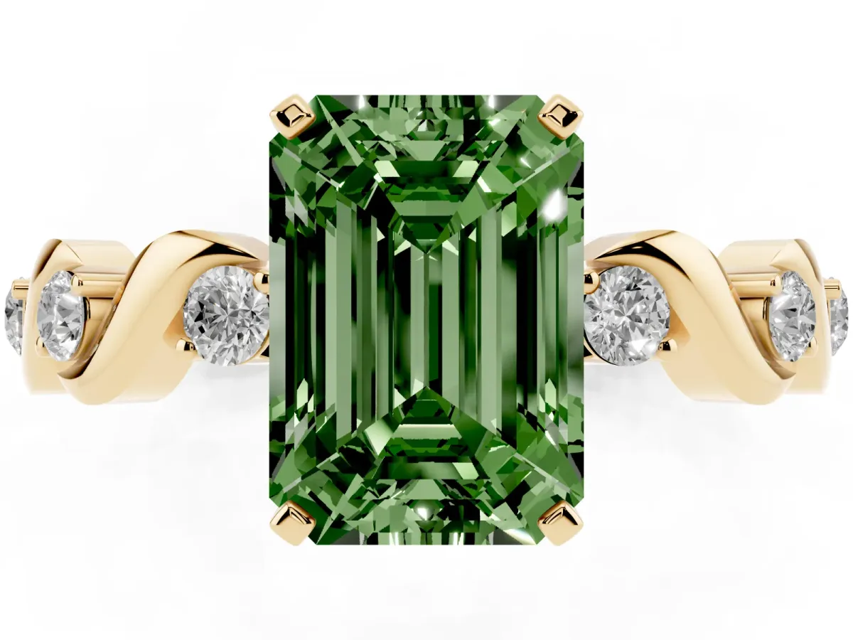 Fancy Green Emerald Cut Diamond Solitaire Twisted Band with Round Accents and Prong Setting Yellow gold