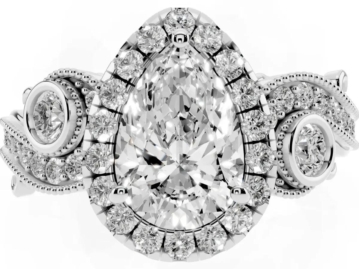 Pear Cut Diamond Halo Ring with Milgrain Pavé Band and Four-Prong Setting Silver