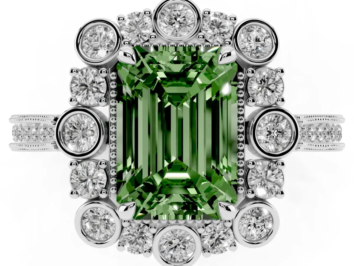 Fancy Green Emerald Cut Halo Milgrain Pave Diamond Ring with Four-Prong Setting Silver