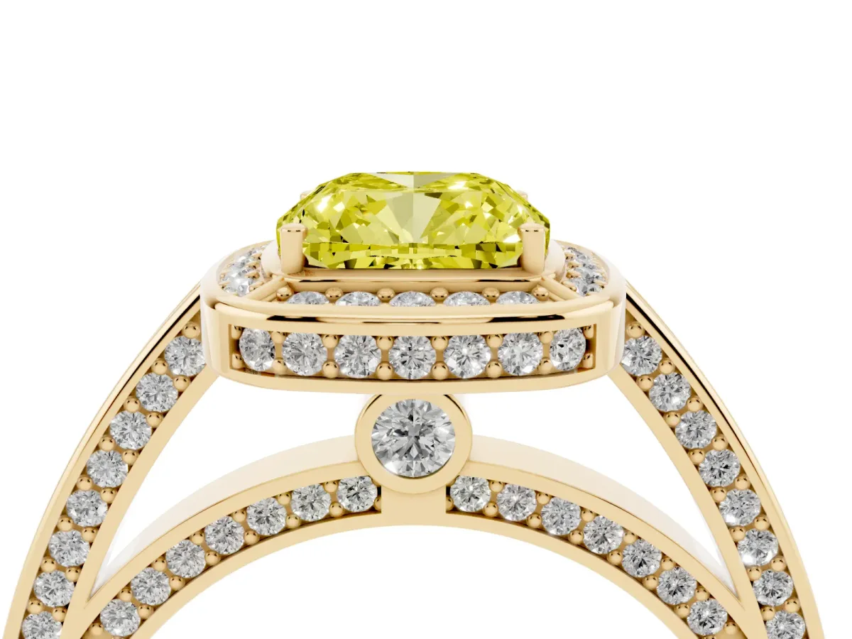 Fancy Yellow Cushion Cut Cut Halo Pave Split Shank Prong Setting Ring Yellow gold