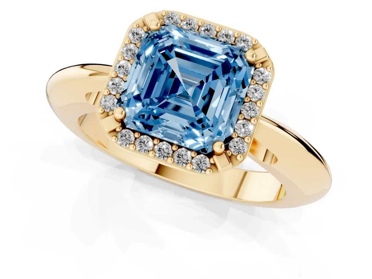 Fancy Blue Asscher Cut Cut Diamond Halo Engagement Ring with Split Shank and Four-Prong Setting Yellow gold