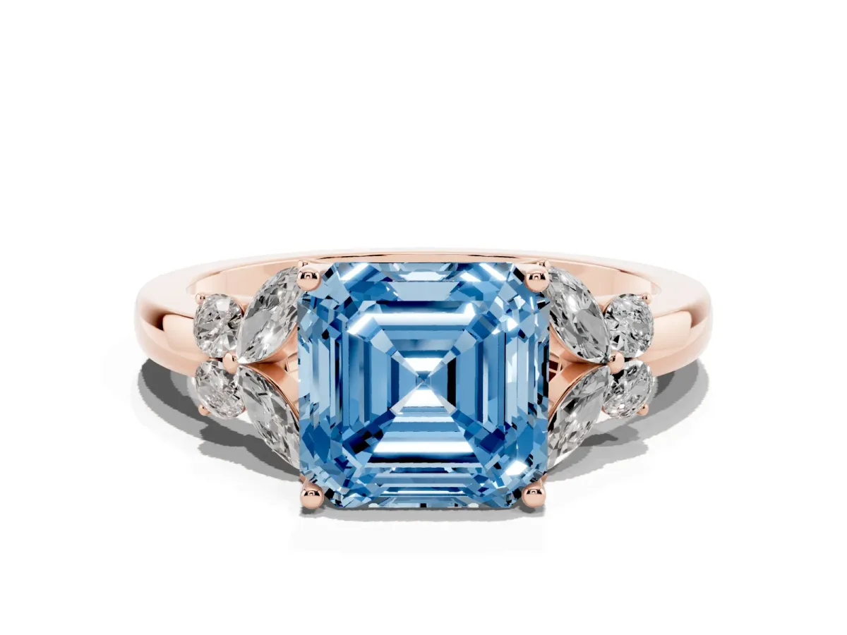 Fancy Blue Asscher Cut Cut Solitaire Floral Diamond Ring with Four-Prong Setting Rose gold