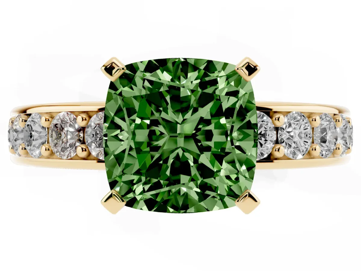 Fancy Green Cushion Cut Diamond Engagement Ring with Channel Set Round Band and Prong Setting Yellow gold