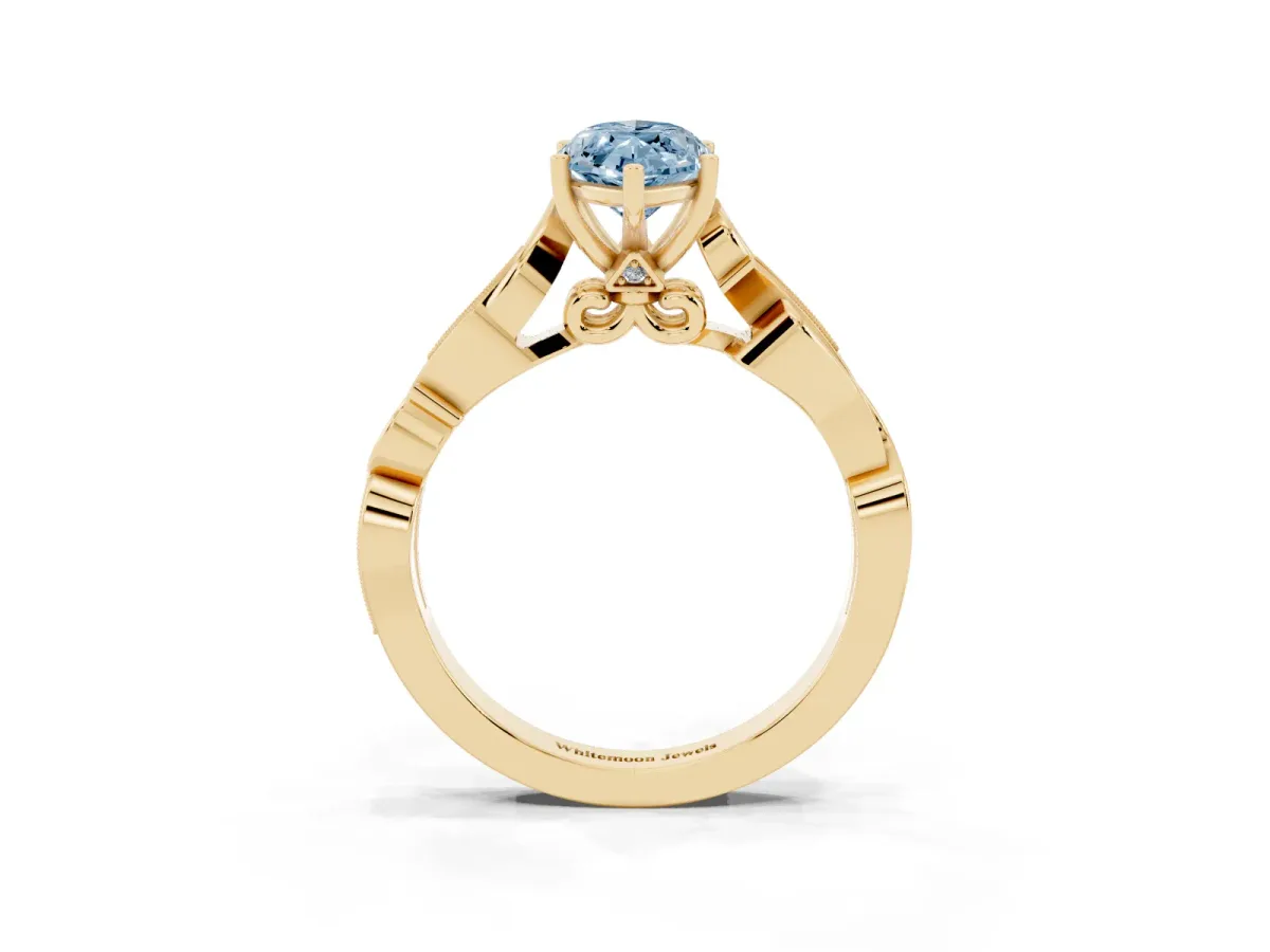 Fancy Blue Marquise Cut Solitaire Vine Band with Milgrain Prong Setting Yellow gold