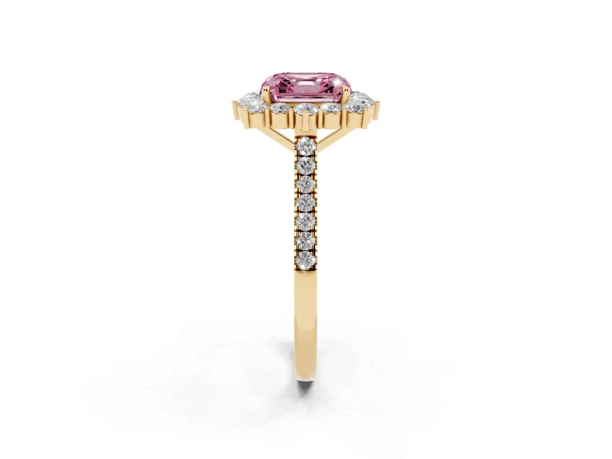 Fancy Pink Asscher Cut Halo Diamond Ring with Pavé Band and Prong Setting Yellow gold