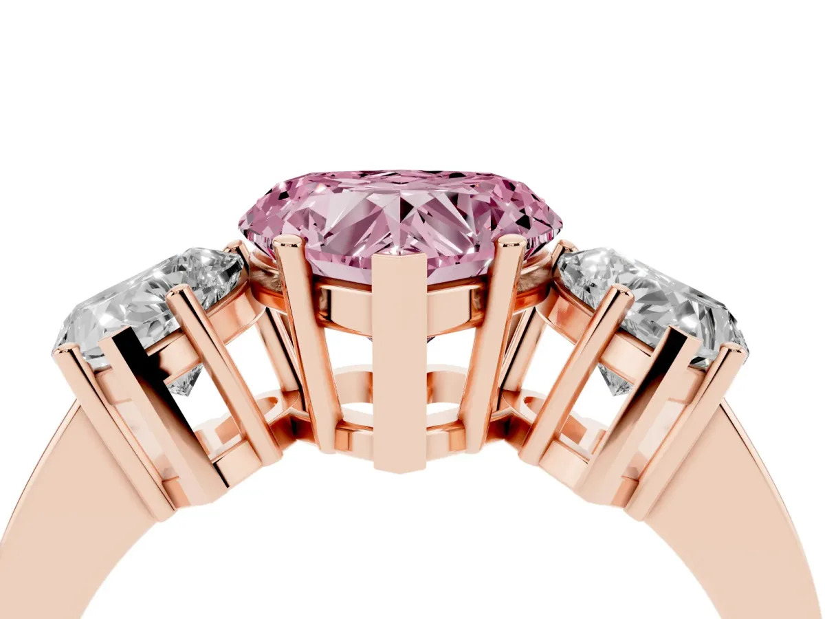 Fancy Pink Three-Stone Heart Cut Cut Diamond Engagement Ring with Flat Band and Four-Prong Setting Rose gold