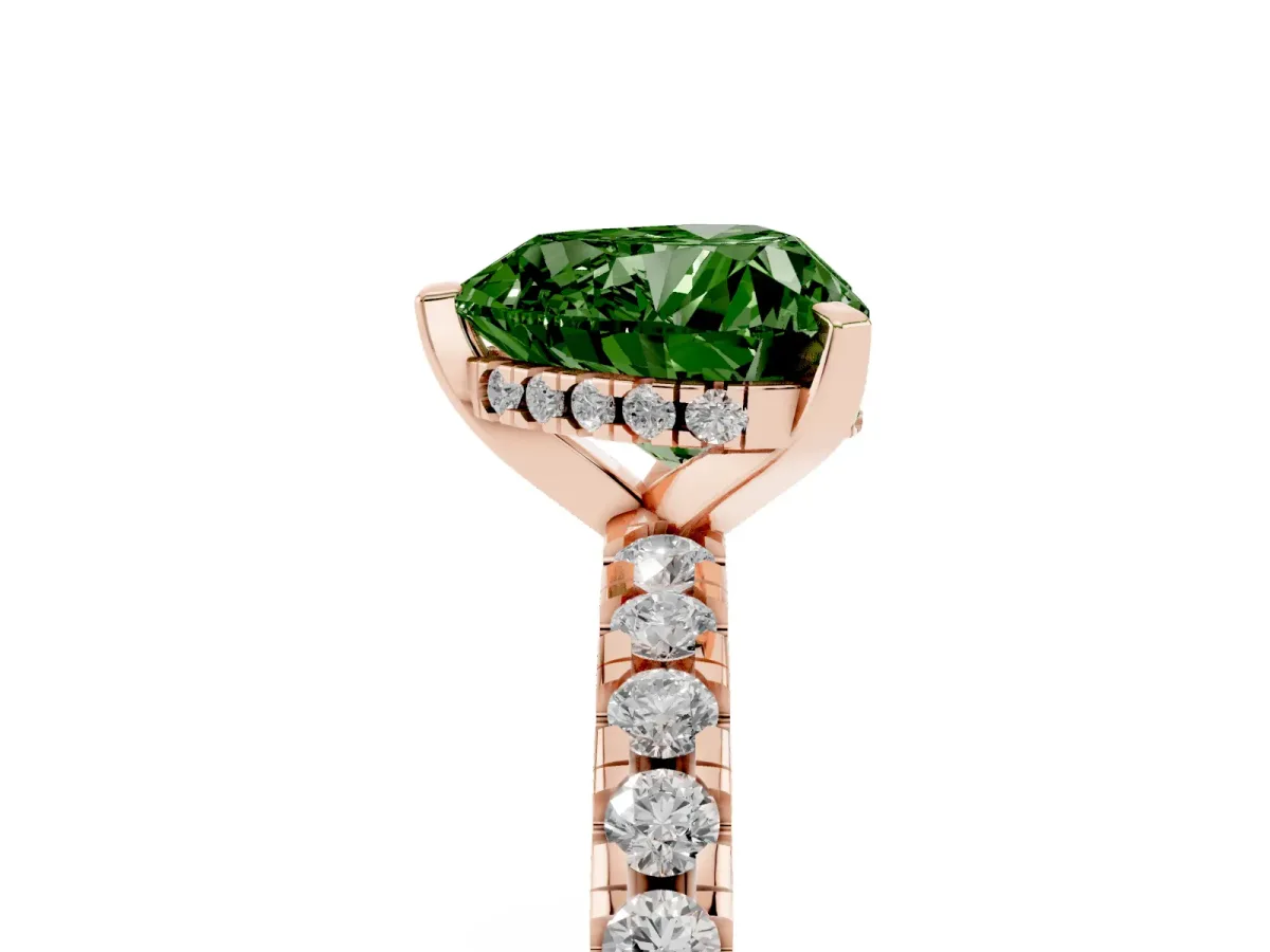 Fancy Green Heart Cut Diamond Solitaire Ring with Round Pavé Band and Four-Prong Setting Rose gold