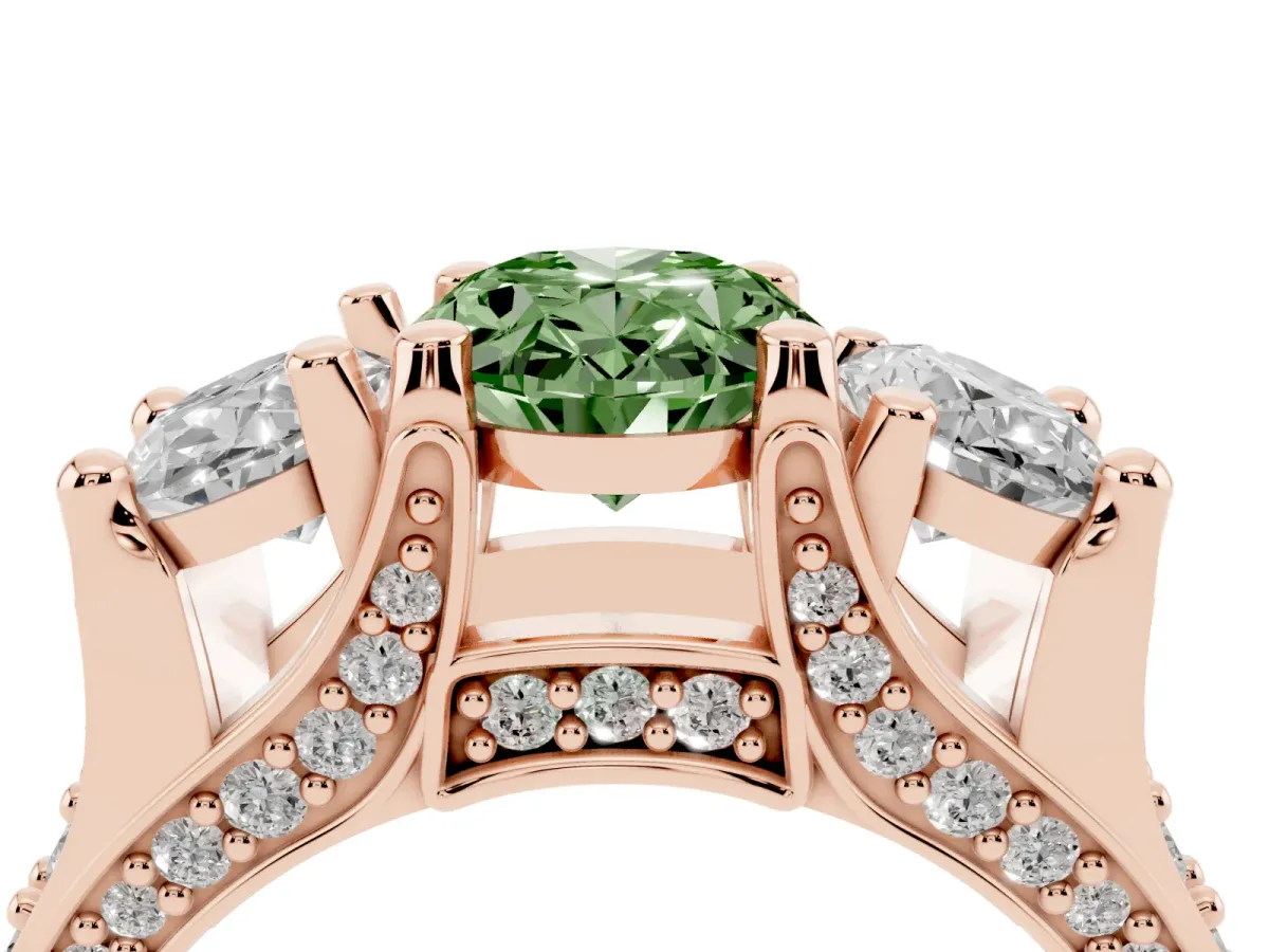 Fancy Green Oval Cut Diamond Three-Stone Ring with Channel Set Band and Four-Prong Setting Rose gold