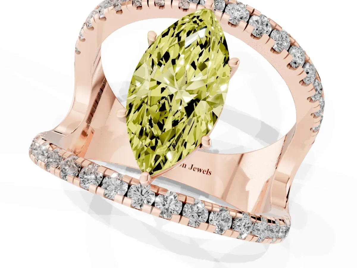 Fancy Yellow Marquise Cut Solitaire Split Shank Pave Diamond Ring Rose gold