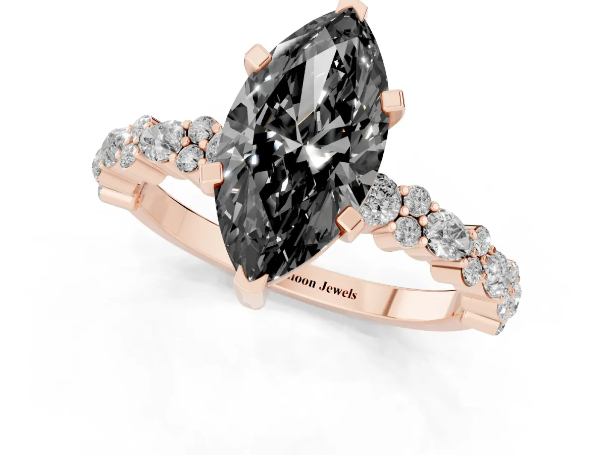 Fancy Black Marquise Cut Diamond Side Stone Solitaire Ring with Round and Four-Prong Setting Rose gold