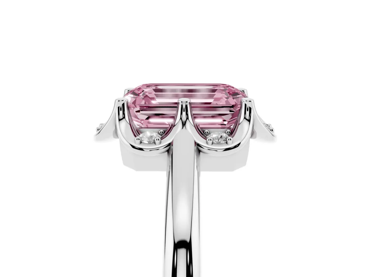Fancy Pink Emerald Cut Halo Diamond Ring with Round Cluster Setting, Solitaire Band, and Four-Prong Setting Silver