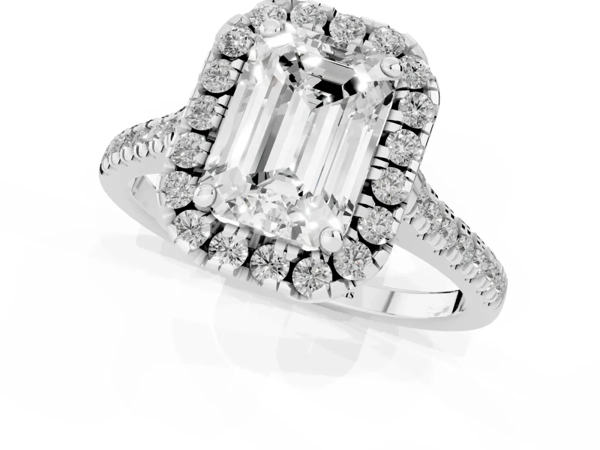 Emerald Cut Diamond Cushion Halo Ring with Pavé Band Silver