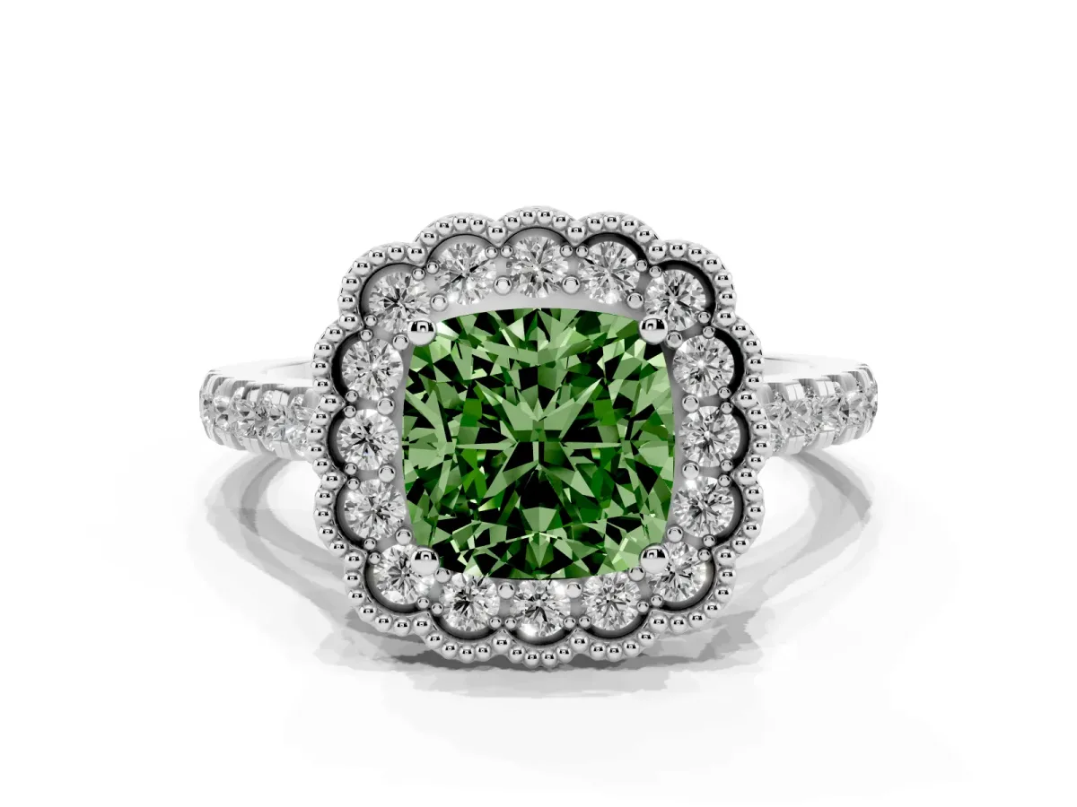 Fancy Green Cushion Cut Cut Diamond Milgrain Floral Halo Engagement Ring with Pavé Band Silver
