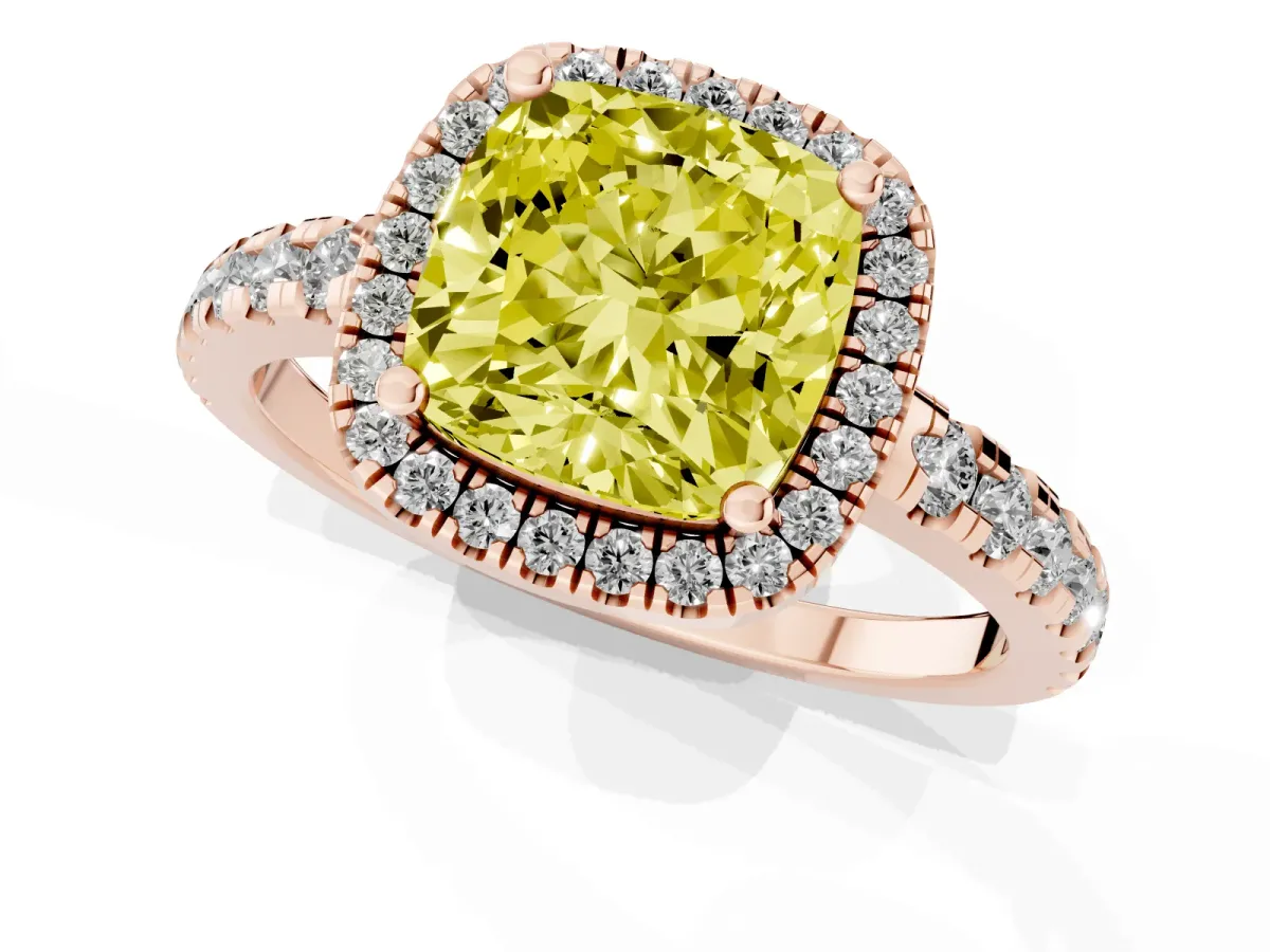 Fancy Yellow Cushion Cut Diamond Halo Ring with Pavé Band and Four-Prong Setting Rose gold