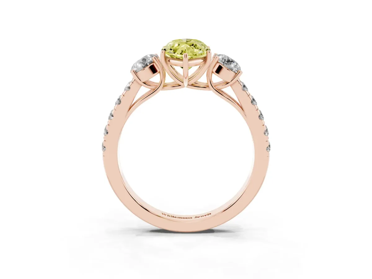 Fancy Yellow Marquise Cut Cut Diamond Three-Stone Ring with Round Side Stones and Pavé Band Rose gold
